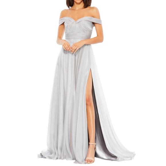 Mac Duggal Off The Shoulder Ruched A Line Gown Pearl Gray Size 18 - Picture 1 of 16